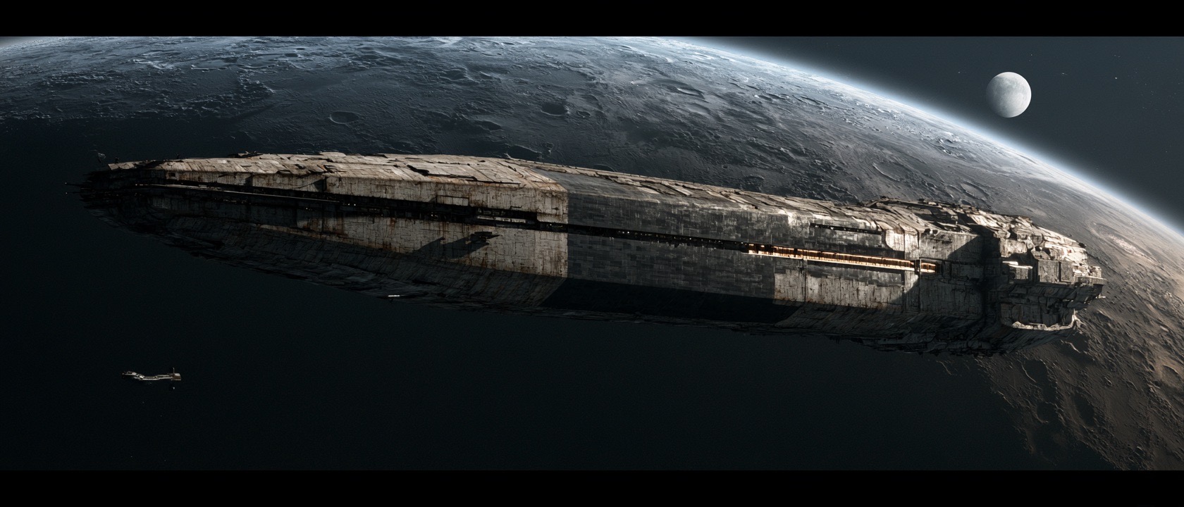 A vast, weathered starship in orbit above a clouded world, a small craft beside it for scale.