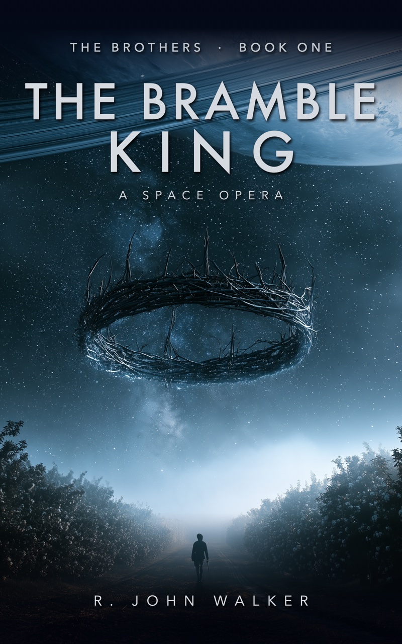 Cover of The Bramble King: a crown of thorns hangs in a star-filled sky beneath a banded giant planet, over an orchard where a lone figure walks the path below.