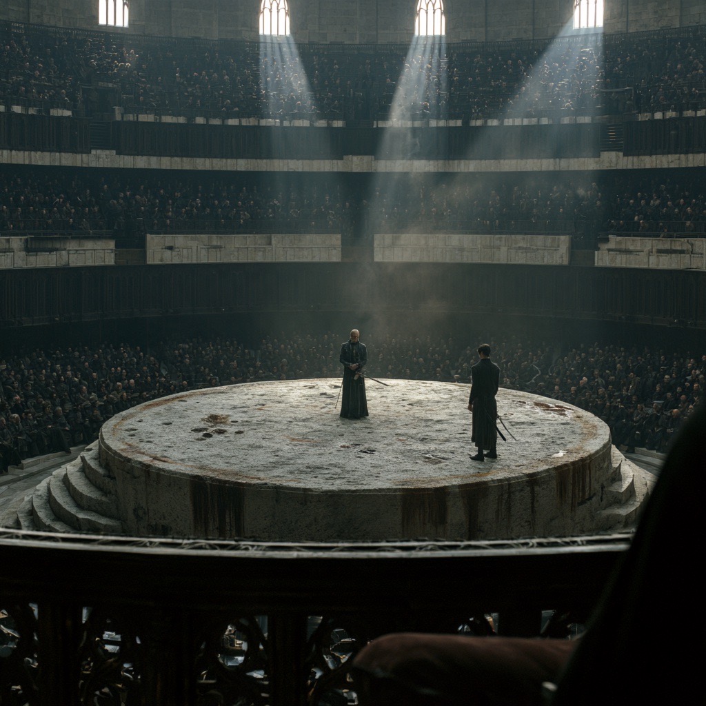 The Round seen from a private box: a carved rail in the foreground, a raised platform of stained grey stone below with two figures facing each other, tiers packed with spectators, four shafts of light from high windows.